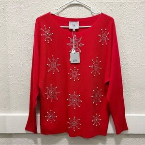 LIV Milano Red Sweater with Rhinestone and Pearl Snowflakes NWT Small